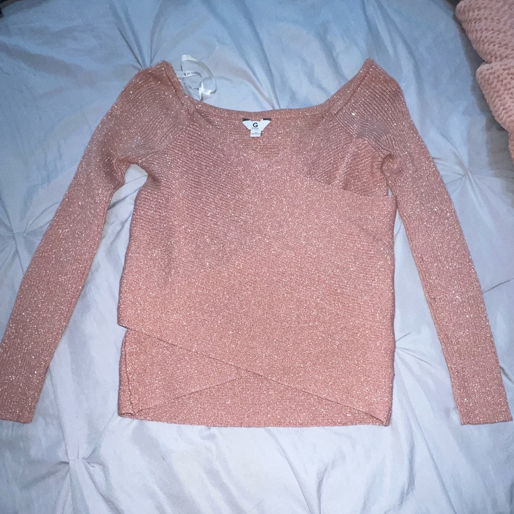 G by Guess, mouve pink glitter shirt, xs woman, off the shoulder